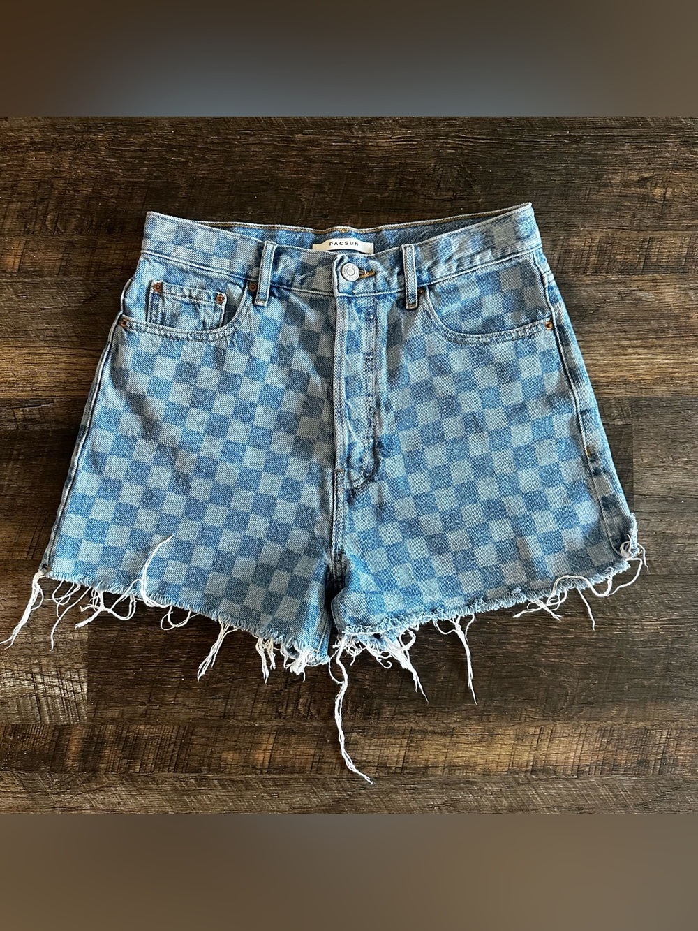PacSun Light Blue Checkerboard High-Rise Denim Shorts